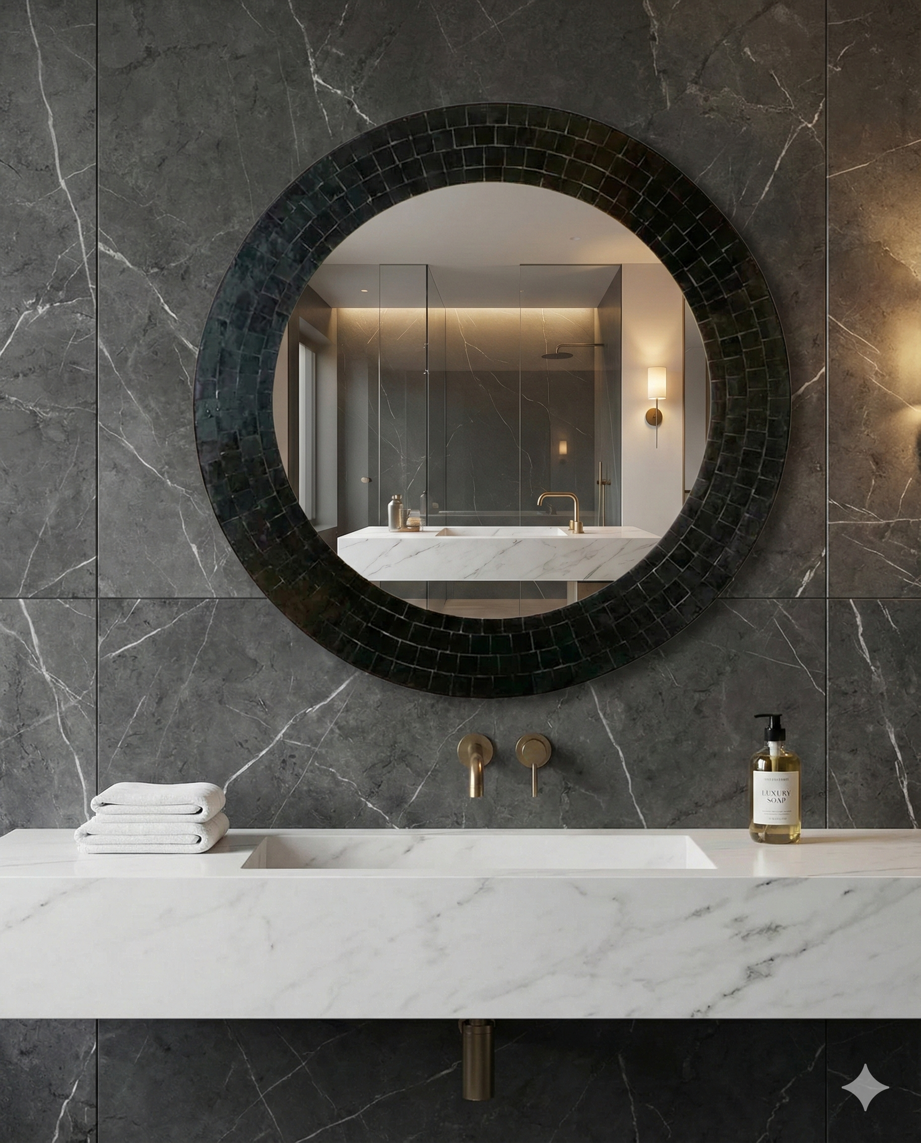 Round wall mirror with intense black zellige frame